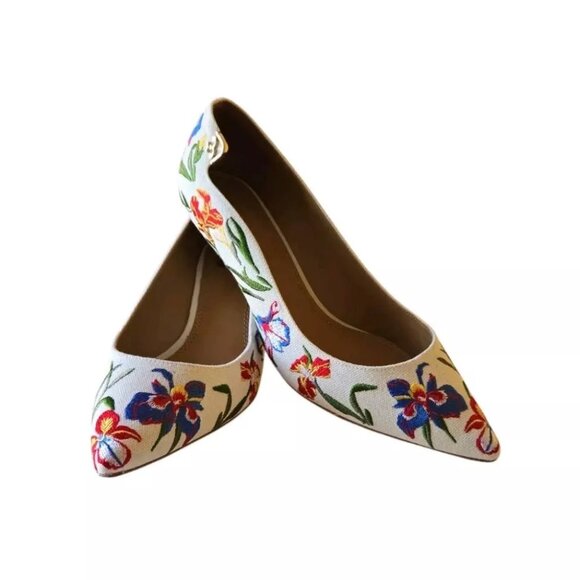 Tory Burch Elizabeth Painted Iris Embroidered Canvas Kitten Heel Pumps Size 8.5M